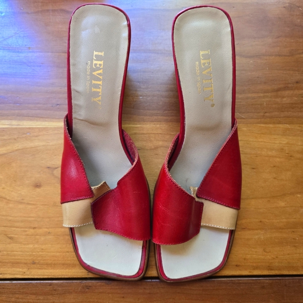 Levity Red Tan Leather Heeled Sandal Mules - EU 39/ US 8.5